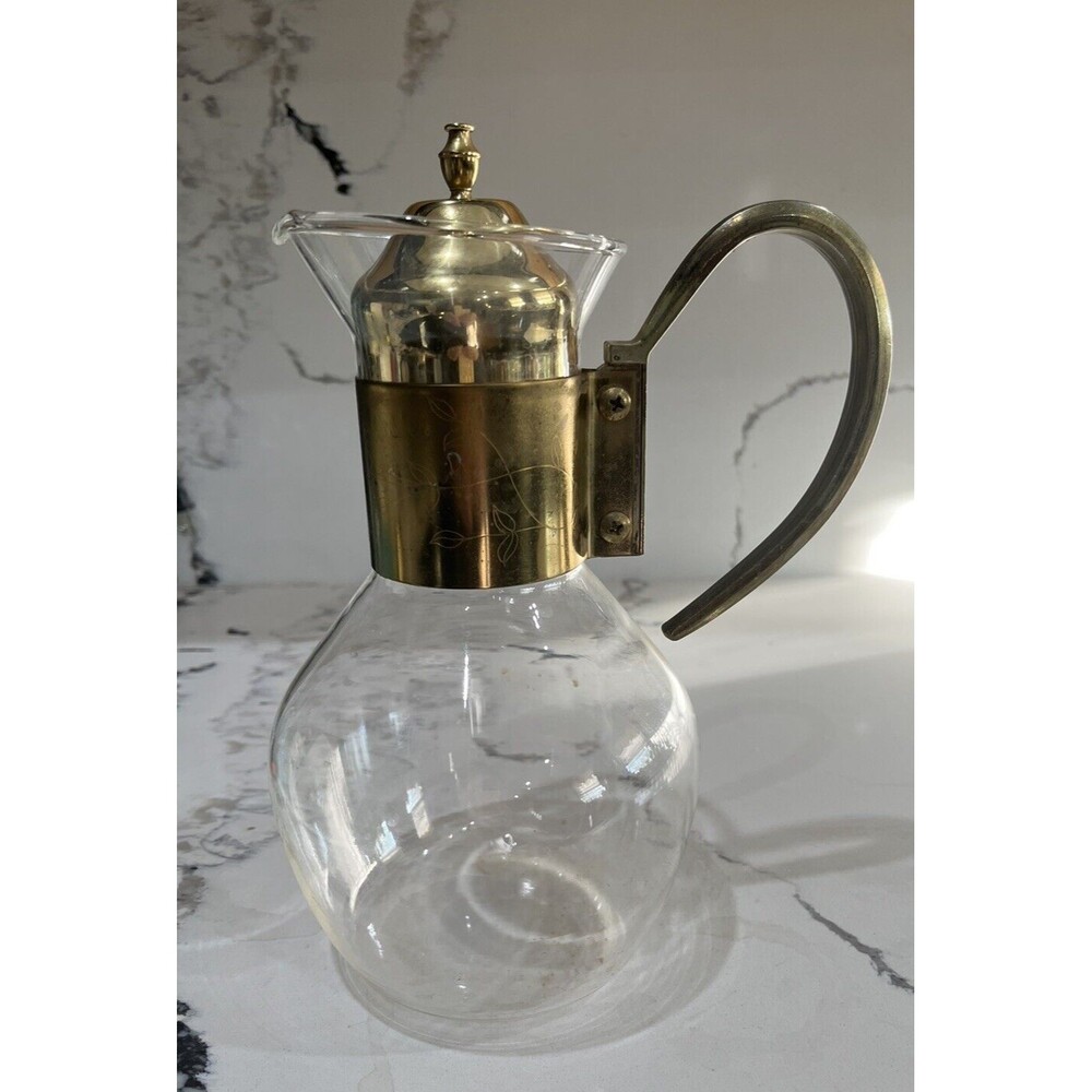 Vintage Brass & Glass Water Wine Pitcher Carafe With Ornate Handle Etched Floral